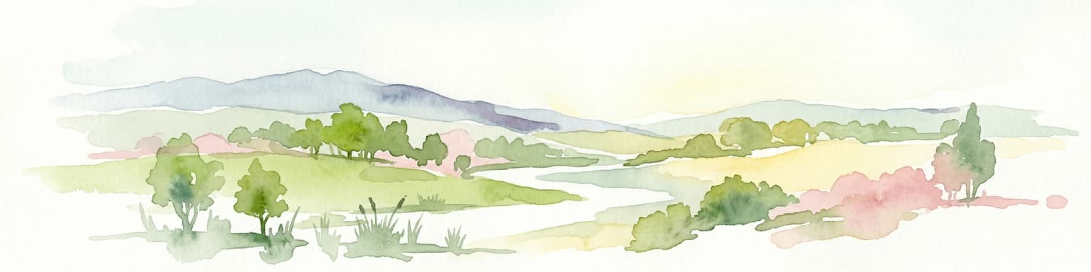Watercolor painting showing a river flowing through a valley with green fields, scattered trees, and mountain ranges in the background