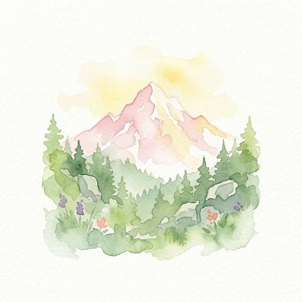 Watercolor painting showing a mountain peak, evergreen trees, and wildflowers under a soft yellow sky