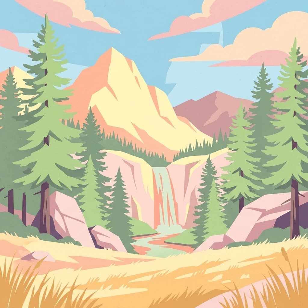 Stylized illustration of a mountain landscape featuring a waterfall, forest, and rocky terrain under a blue sky