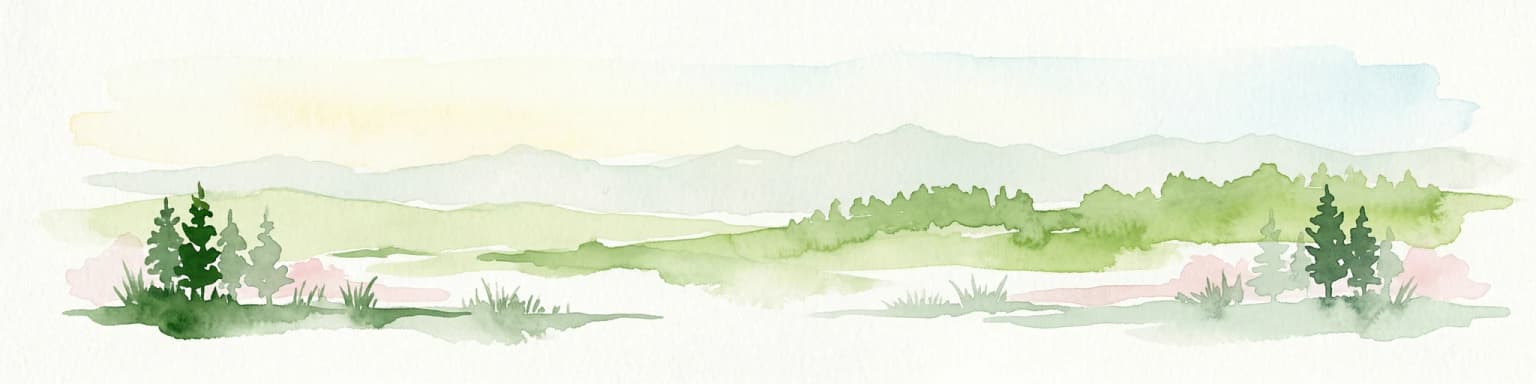Watercolor landscape showing mountains, trees, and a river