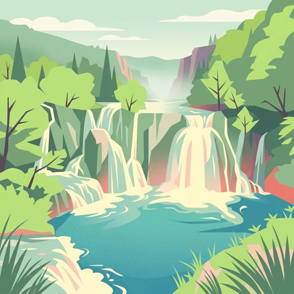 Illustration of a multi-tiered waterfall flowing into a river surrounded by lush green trees and vegetation