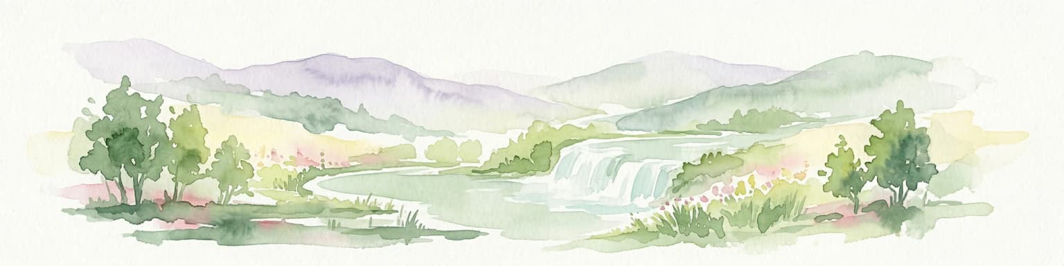 Watercolor illustration showing mountains, a river, a waterfall, trees, and flowers.