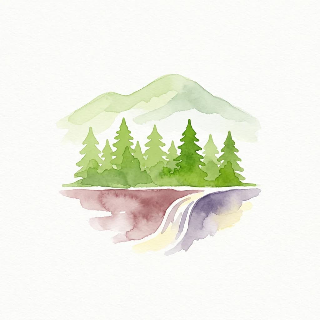Watercolor painting showing green coniferous trees, a mountain range, a body of water with reflections, and a waterfall