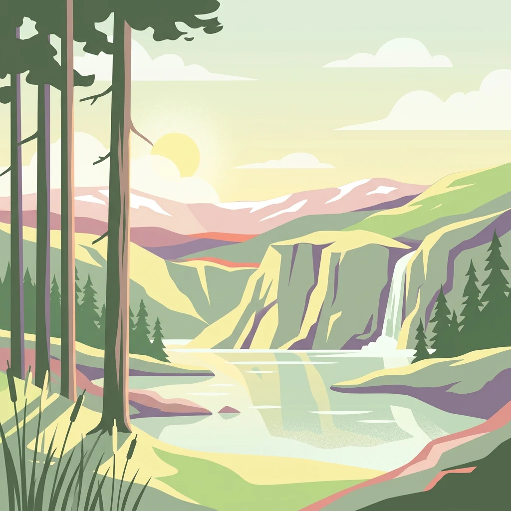 Stylized illustration of a landscape with waterfall, lake, mountains, coniferous trees, and a setting sun under partly cloudy sky