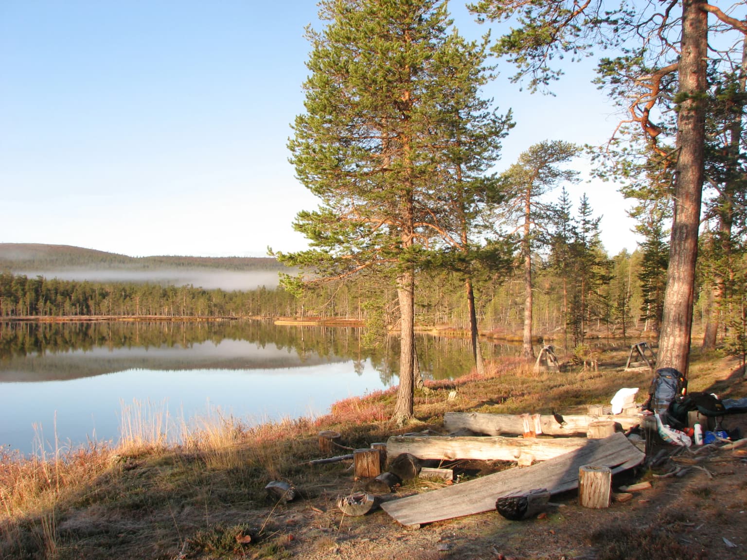 Lake surrounded by pine trees with wooden structure on shore, mist over distant hills, and clear sky