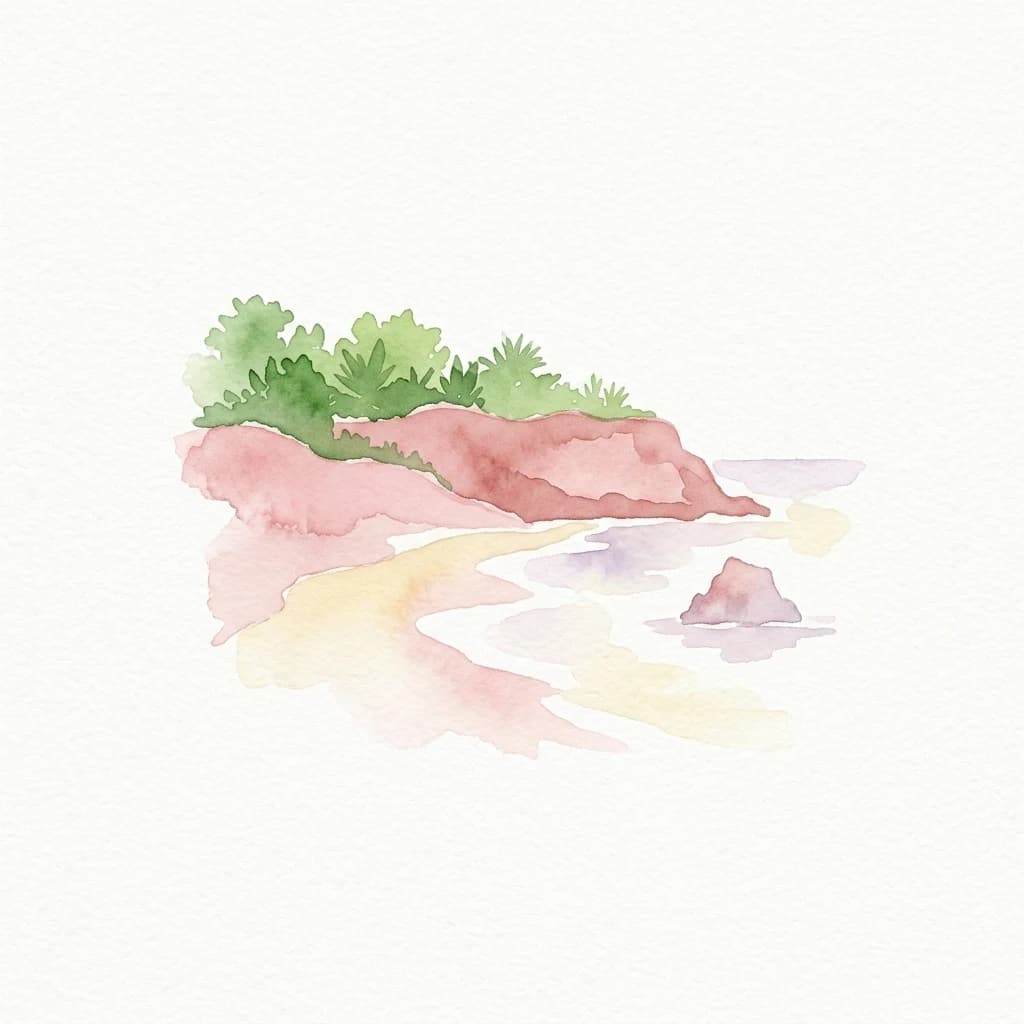 Watercolor illustration of a coastal landscape with pink cliffs, green vegetation, and a small rock formation in the water