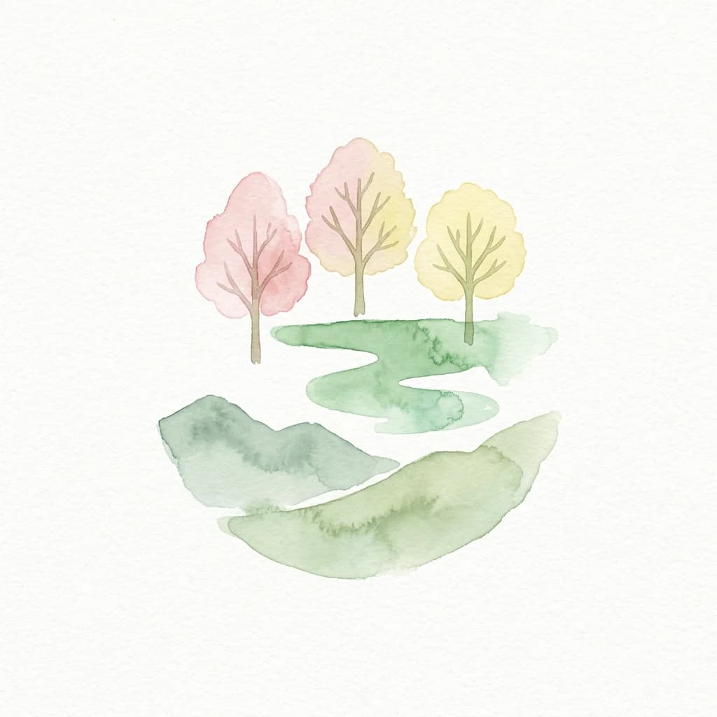 Watercolor illustration showing three stylized trees with pink, yellow, and light green foliage, two hills, and a winding path on a white background