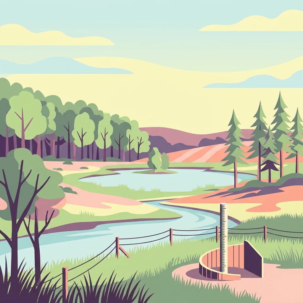 Stylized illustration of a river flowing through a forested landscape with a wooden observation structure, fence, and rolling hills