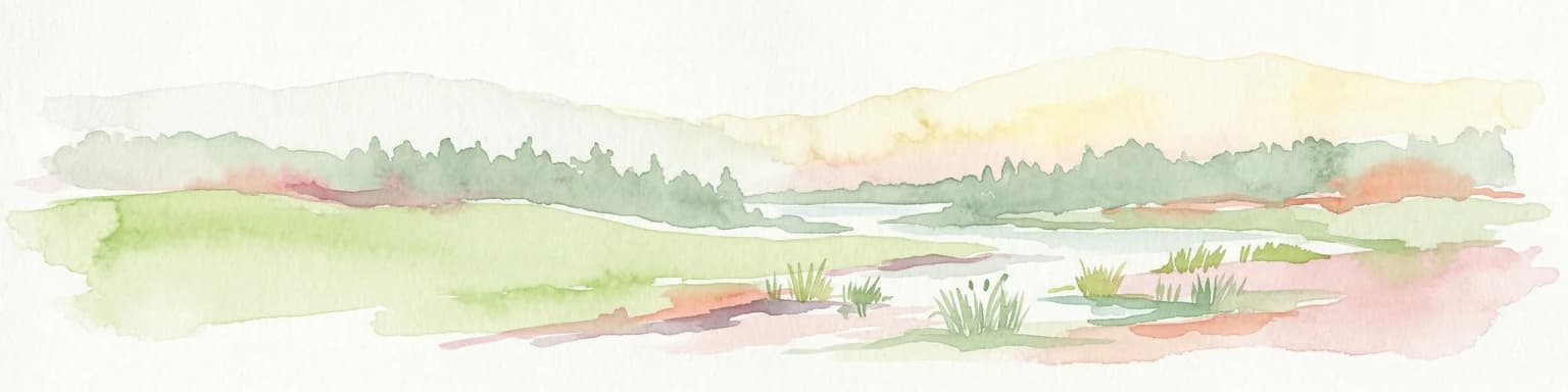 Watercolor landscape showing green hills, forests, and a small stream with grassy patches
