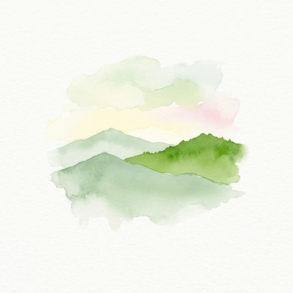 Ilustración acuarela de picos de montañas verdes y azules bajo un cielo pálido con nubes suaves