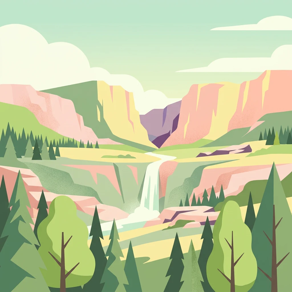 Stylized illustration of a mountainous landscape with a waterfall, forests, and colorful rock formations under a partly cloudy sky.