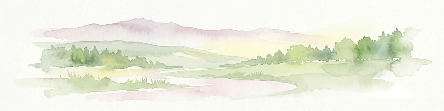 Watercolor illustration of a mountainous landscape with forests, lakes, and rolling hills under a light sky