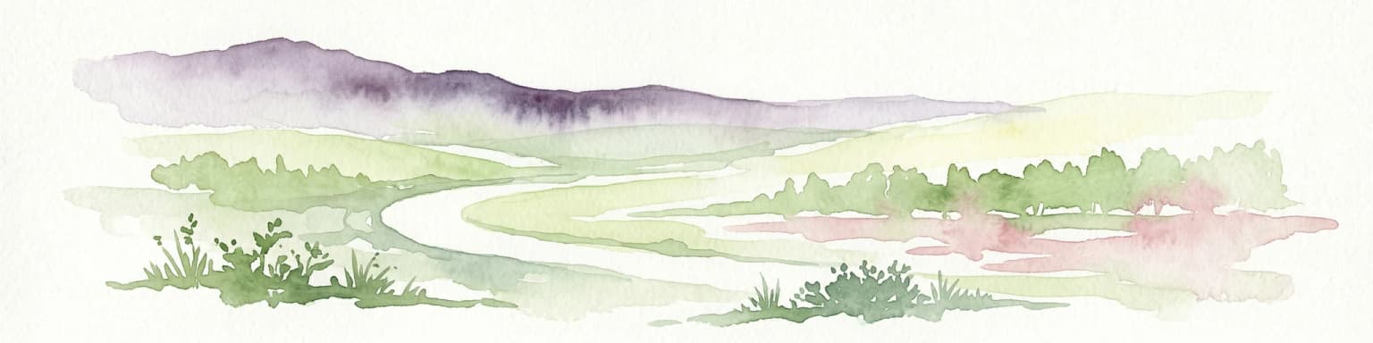 Watercolor illustration showing mountains in the background, a winding river, and vegetation in the foreground