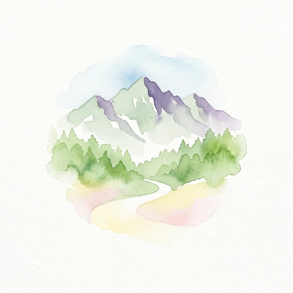 Watercolor painting of green mountains, forest, and winding path
