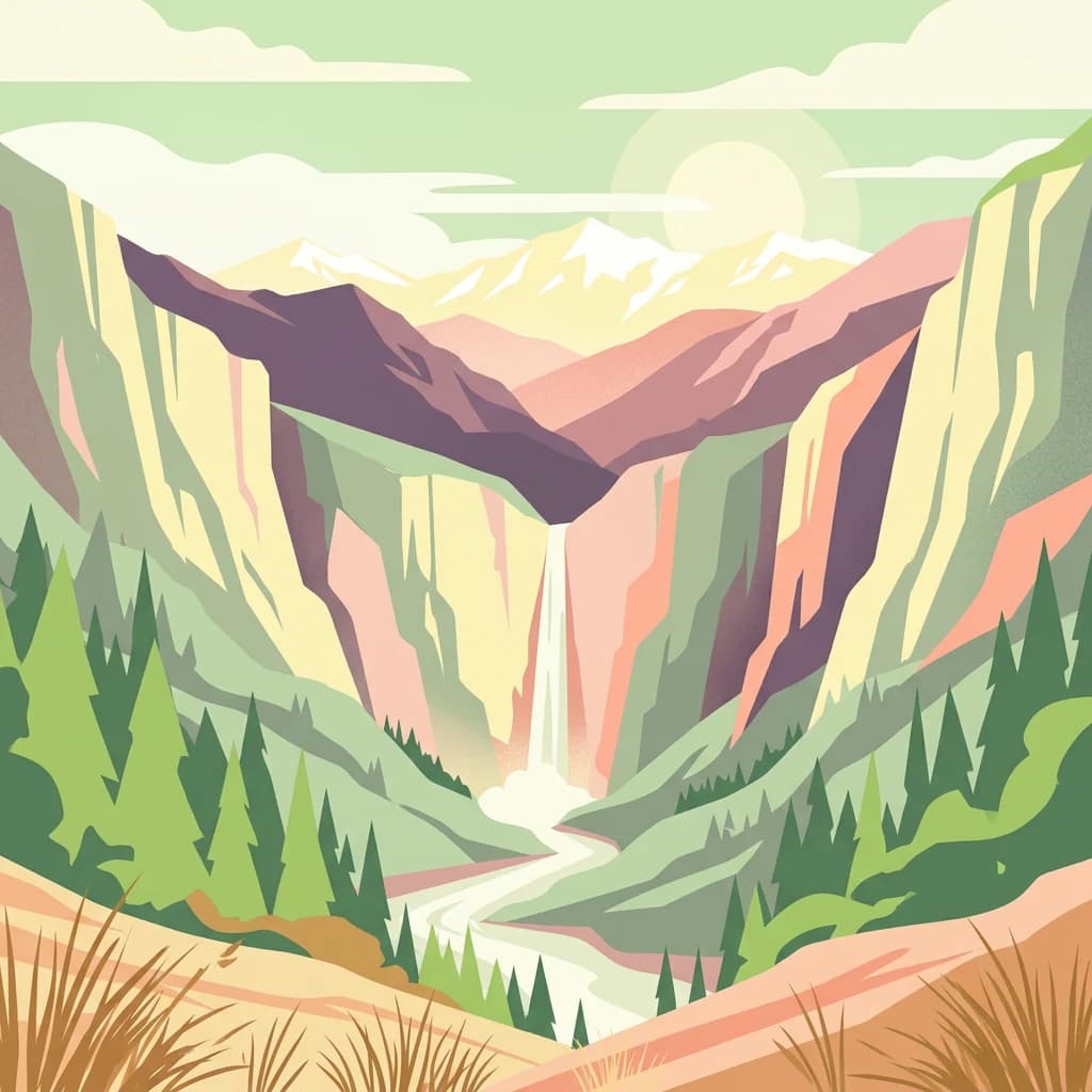 Illustration of a mountain valley with a waterfall, dense forests, and distant snow-capped peaks under a partly cloudy sky