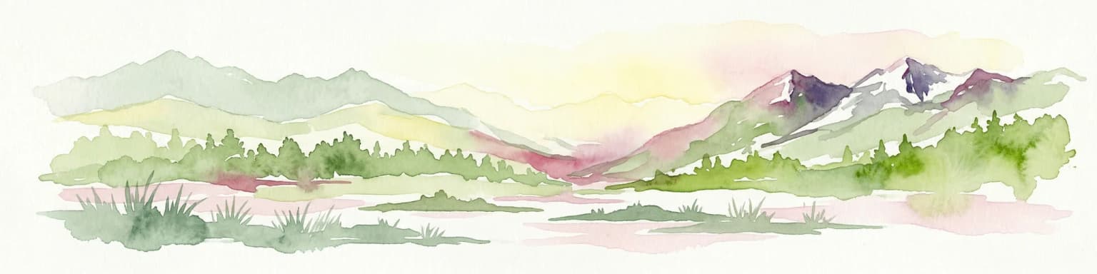 Watercolor illustration showing green mountains, forests, a river, and snow-capped peaks in the distance