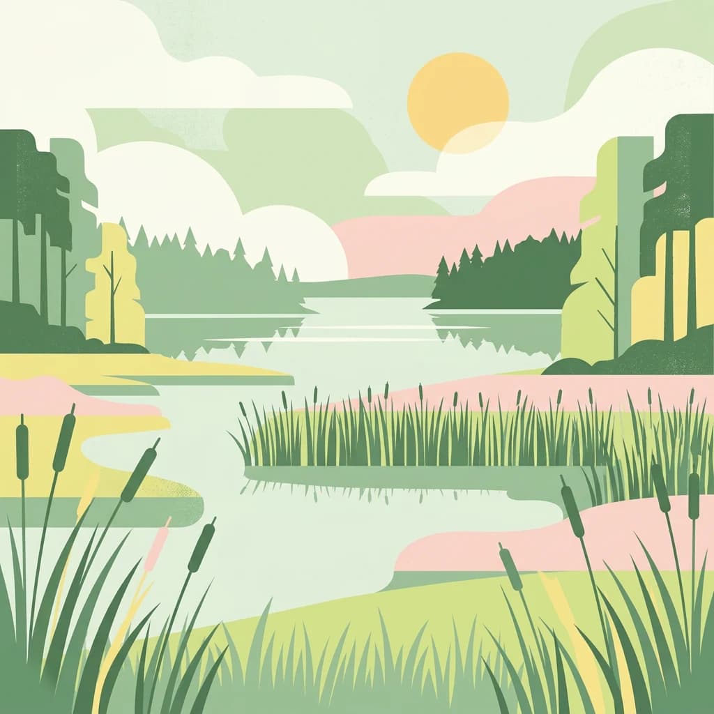 Digital illustration showing a lake scene with reeds in the foreground, forested shoreline, and a sun in a pastel sky