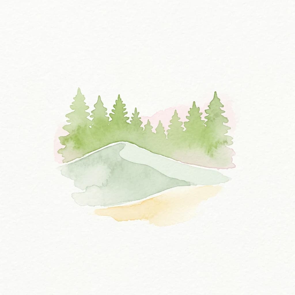 Watercolor painting of green trees, a blue water body, and light-colored ground with soft color gradients
