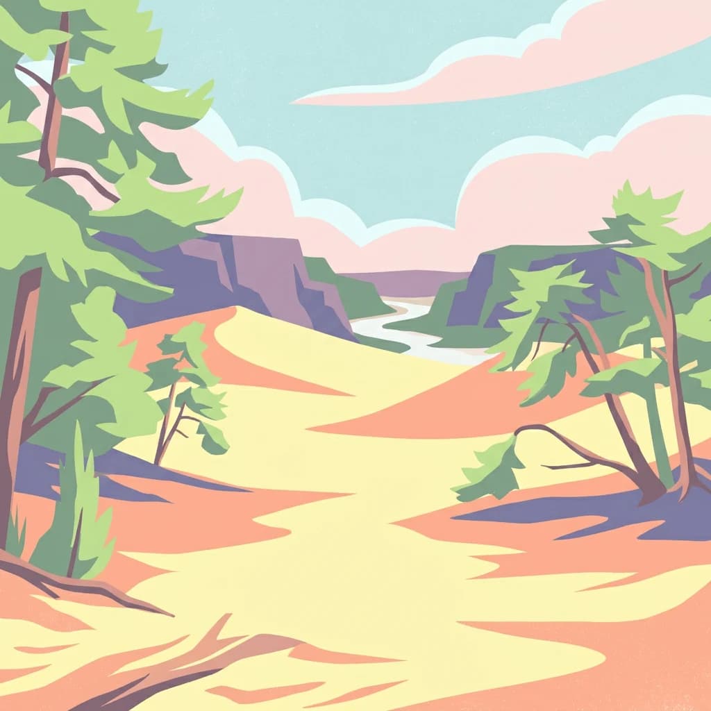 Stylized illustration showing sand dunes, trees, cliffs, and a river in a landscape