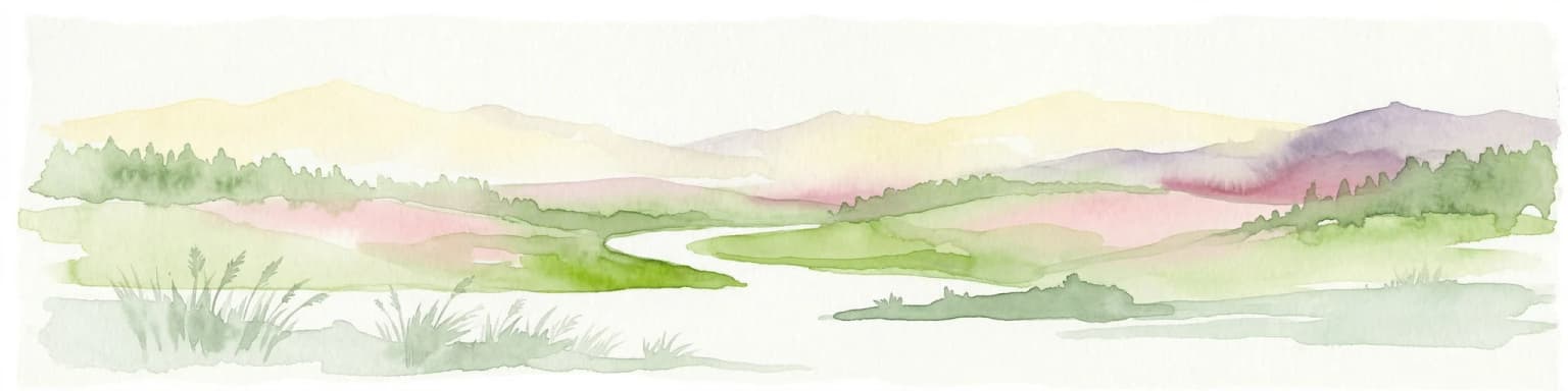Watercolor illustration of rolling hills, a winding river, and fields with distant mountains