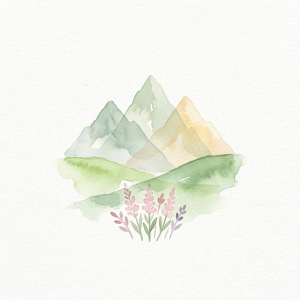 Watercolor painting of three mountain peaks with green and yellow tones, rolling hills, and pink and purple wildflowers in the foreground
