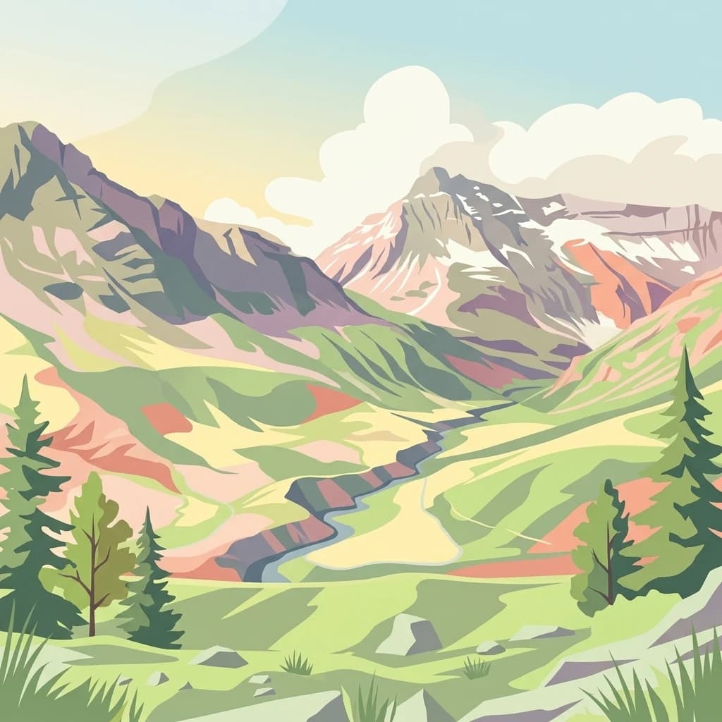 Mountain valley with green slopes, a winding river, and evergreen trees under a partly cloudy sky.