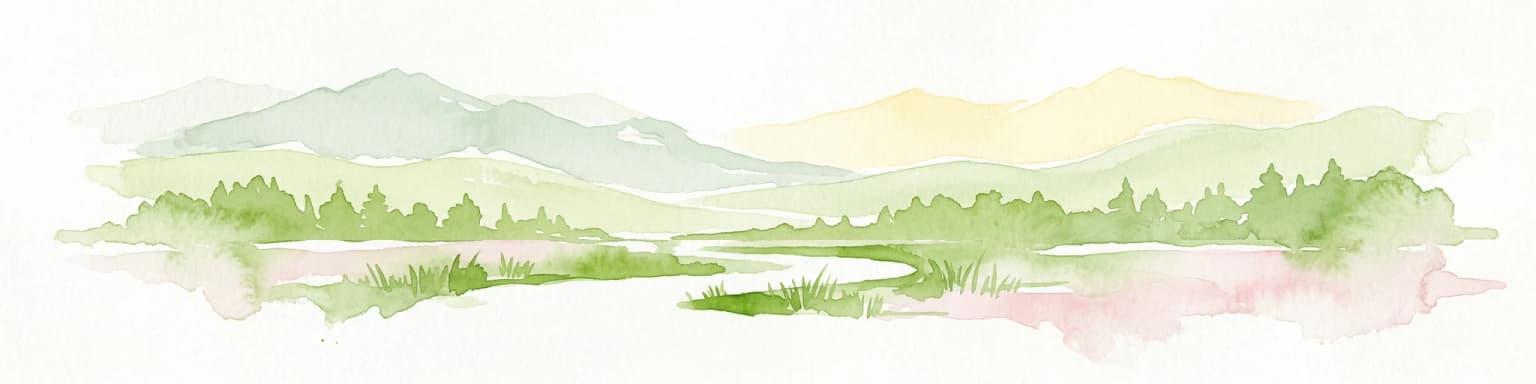 Watercolor painting depicting mountains, a river, and trees under a light sky