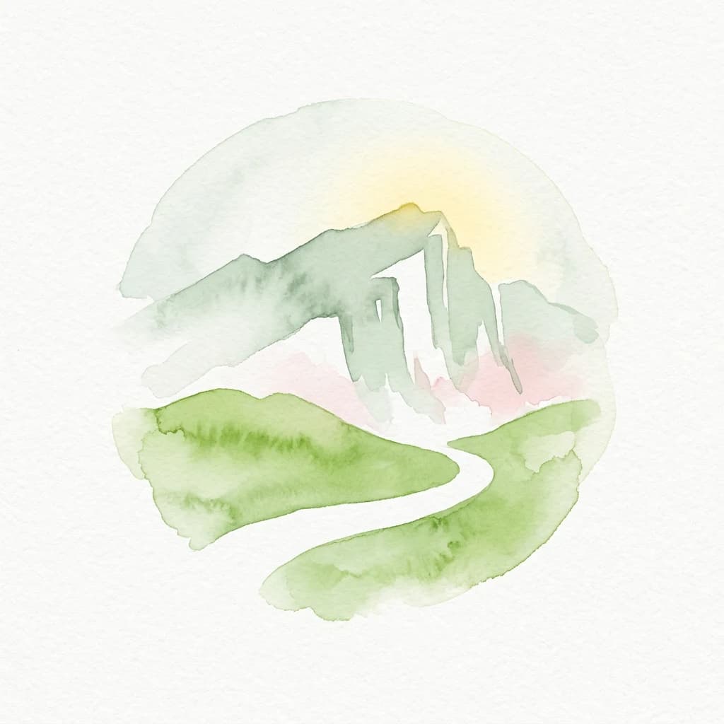 Watercolor painting of green hills, a winding path, and mountain peaks under a soft sky
