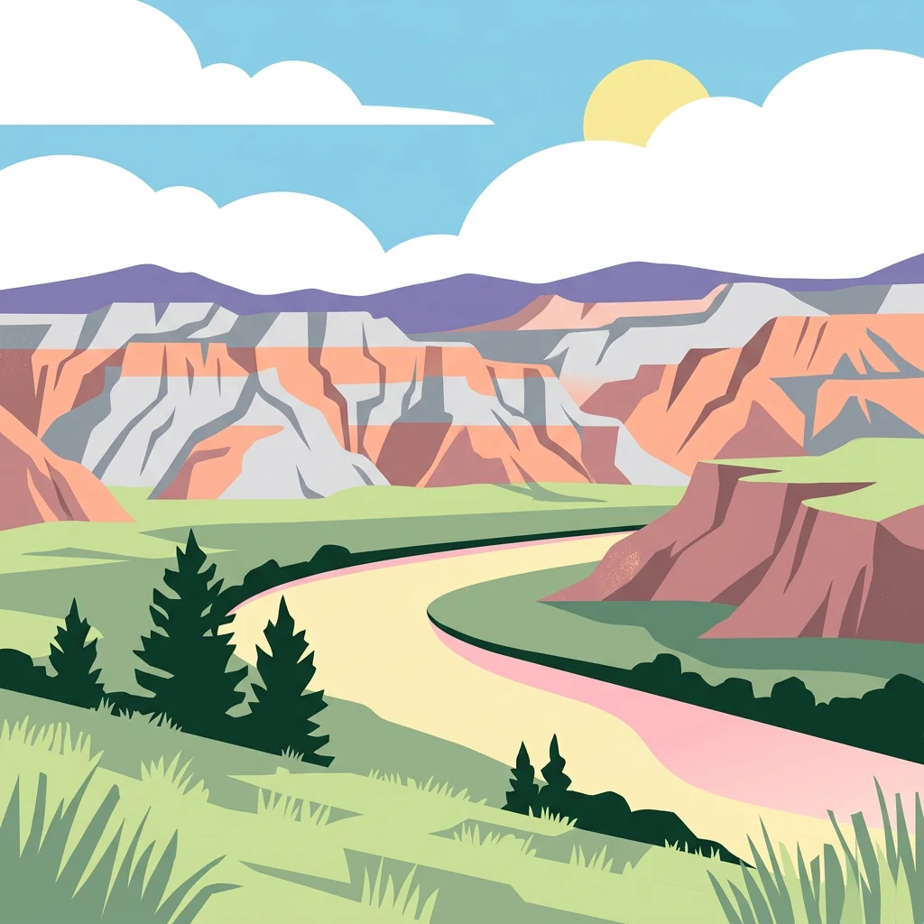 Illustration of a winding river flowing through a canyon with layered rock formations and grassy fields under a bright sky