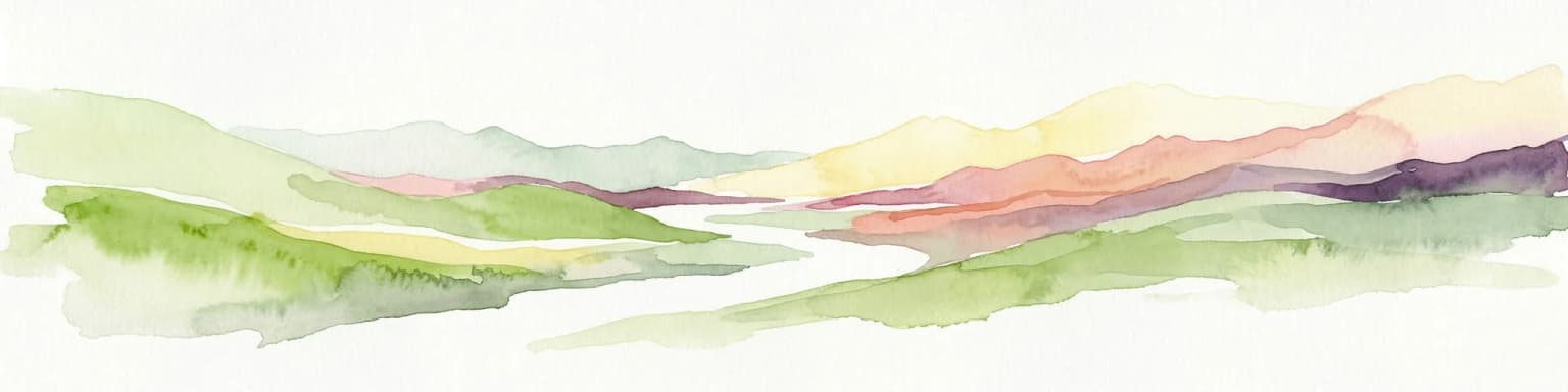 Watercolor painting showing green hills, a river, and distant purple and orange mountains