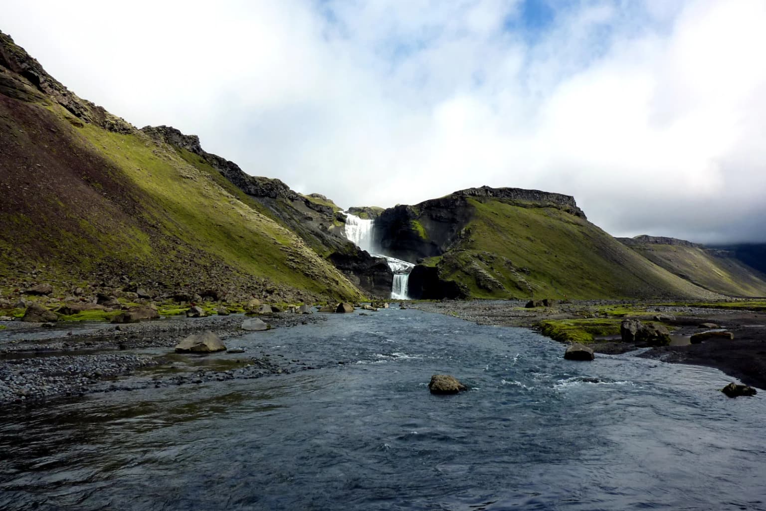 A river flows through a rocky valley with a waterfall in the background, surrounded by grassy hills under a partly cloudy sky