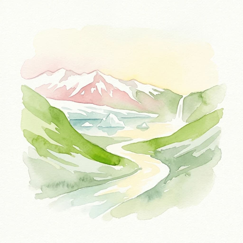 Ilustración en acuarela que muestra montañas nevadas, colinas verdes, un río serpenteante y una cascada