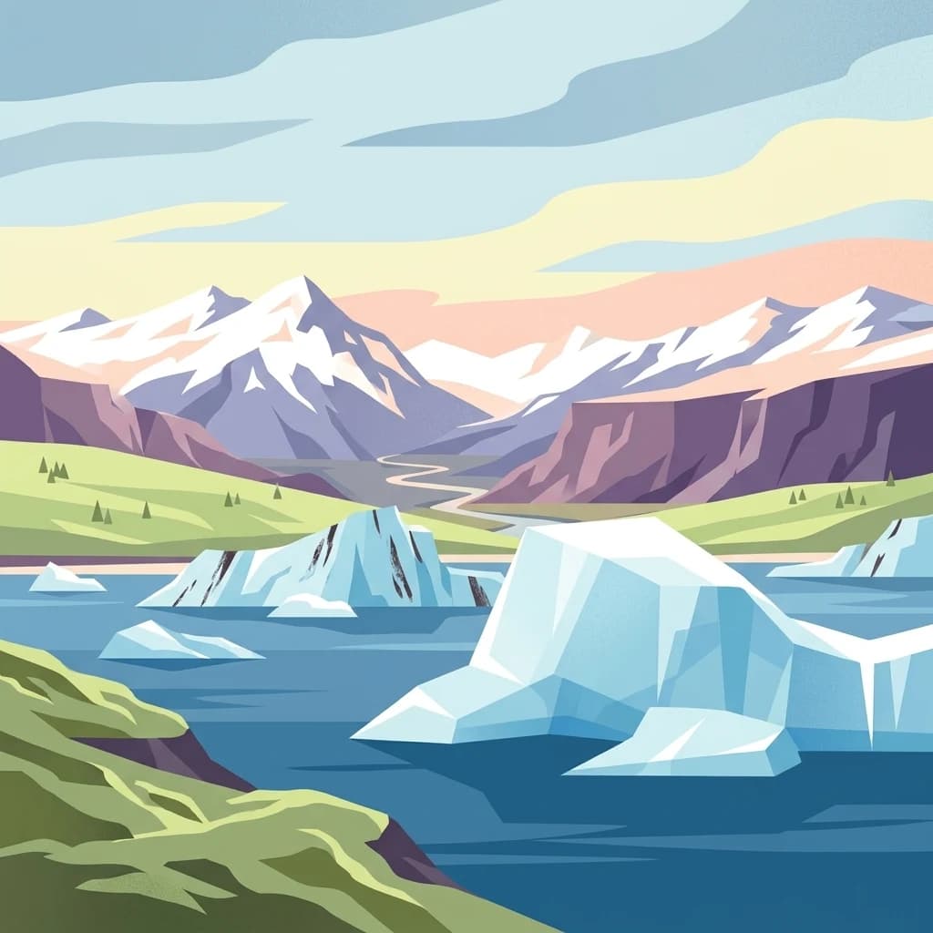 Stylized illustration showing icebergs floating in blue water with mountains and green hills in the background