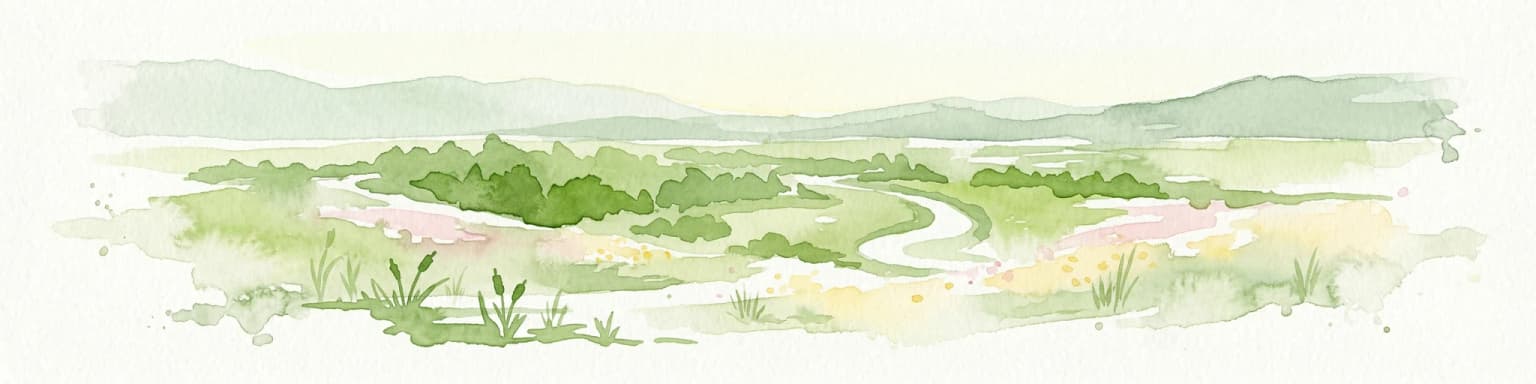 Watercolor illustration showing a landscape with green fields, a winding path, pink flowers, and mountains in the background