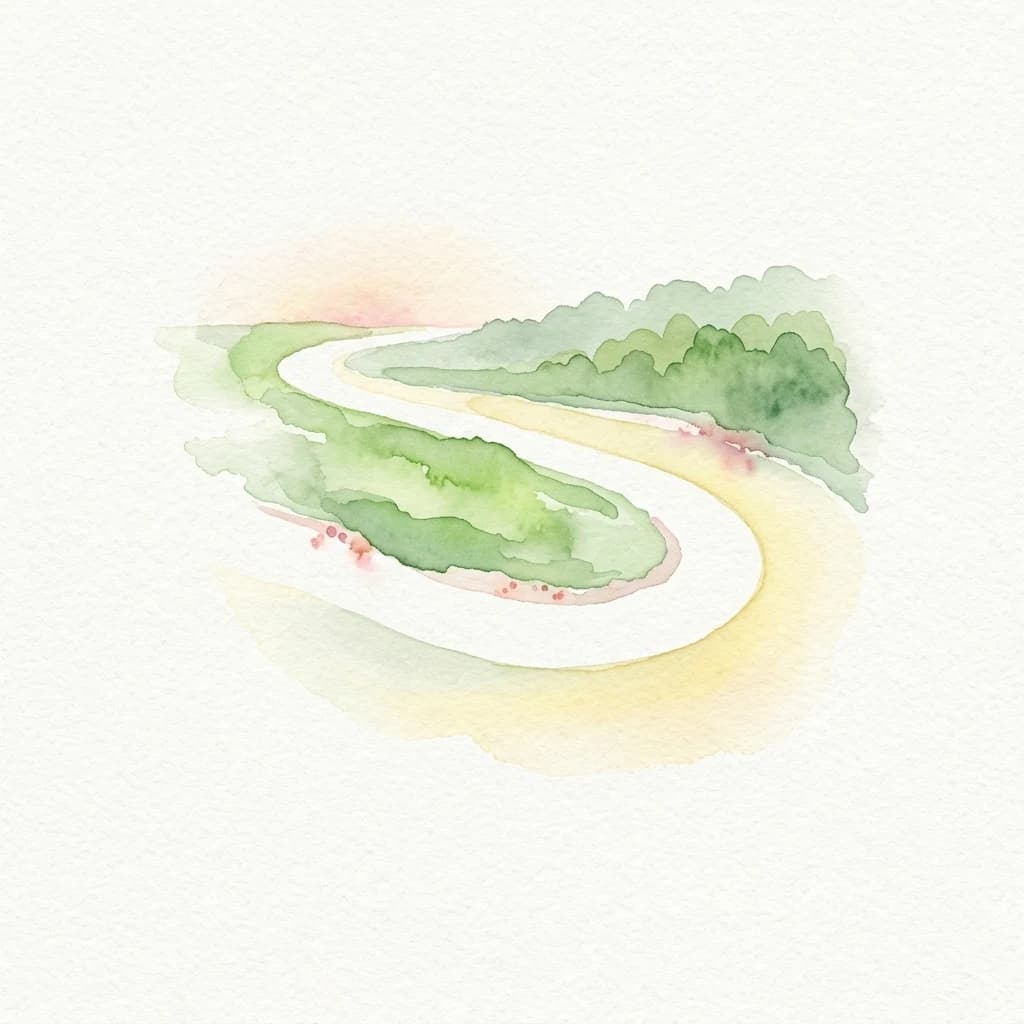 Watercolor illustration of a winding road through green landscape with trees and grass