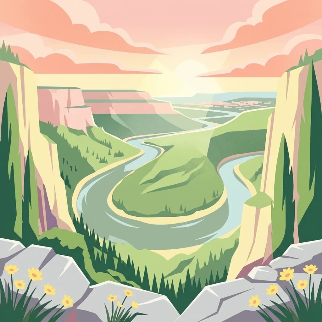 Stylized illustration of a winding river through a canyon with cliffs, green vegetation, and yellow flowers in the foreground