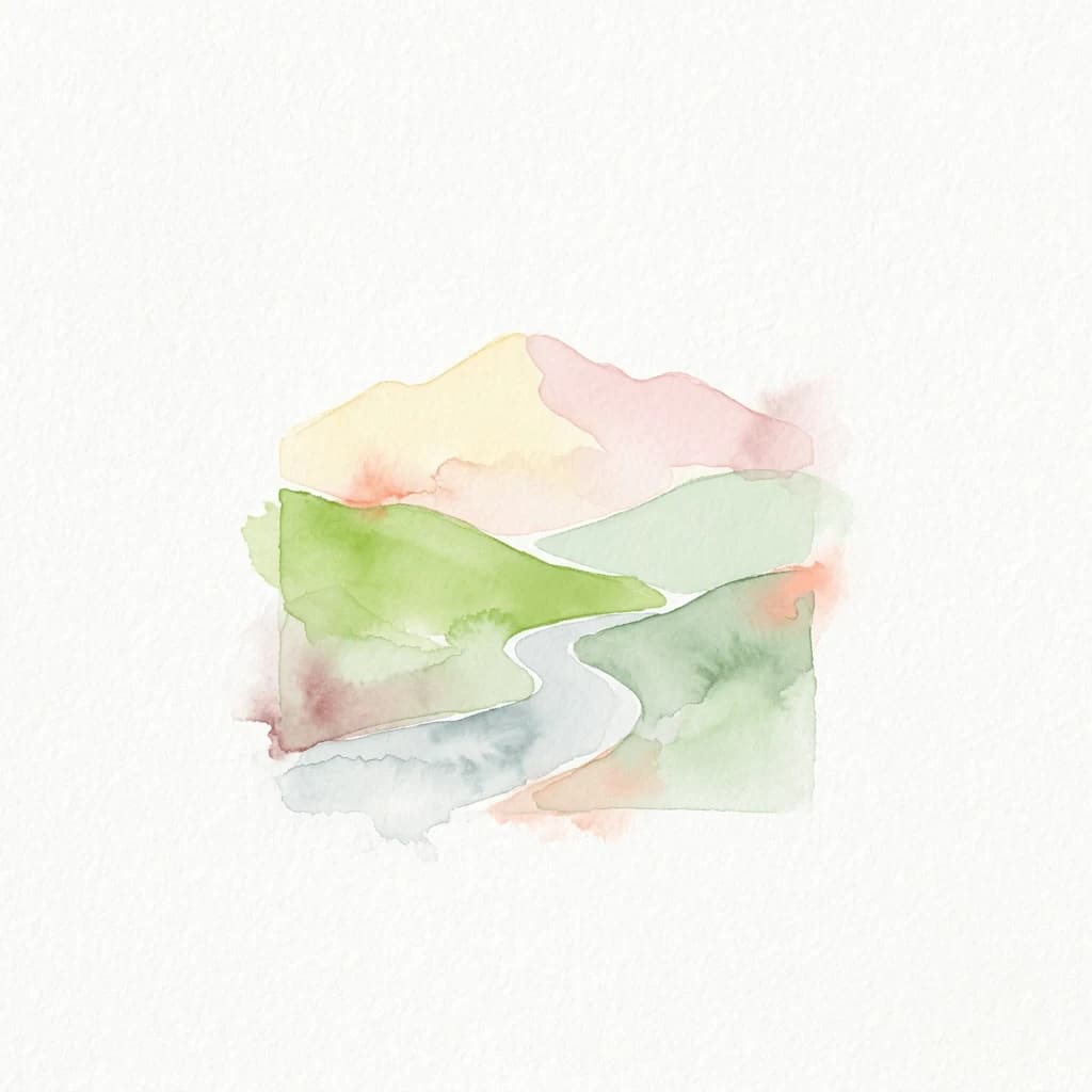 Watercolor painting depicting green hills, a winding river, and pastel-colored mountain ranges in the background