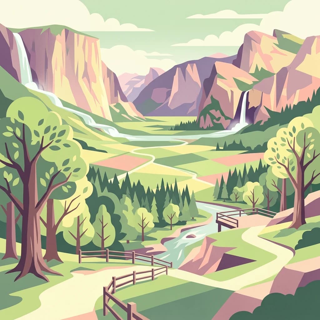 Stylized illustration of a valley with waterfalls, a river, wooden fences, trails, and trees