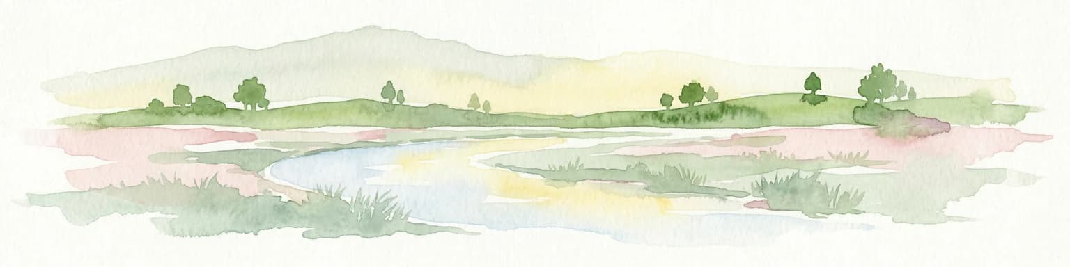 Watercolor illustration of a park landscape with a winding stream, grassy fields, and distant hills