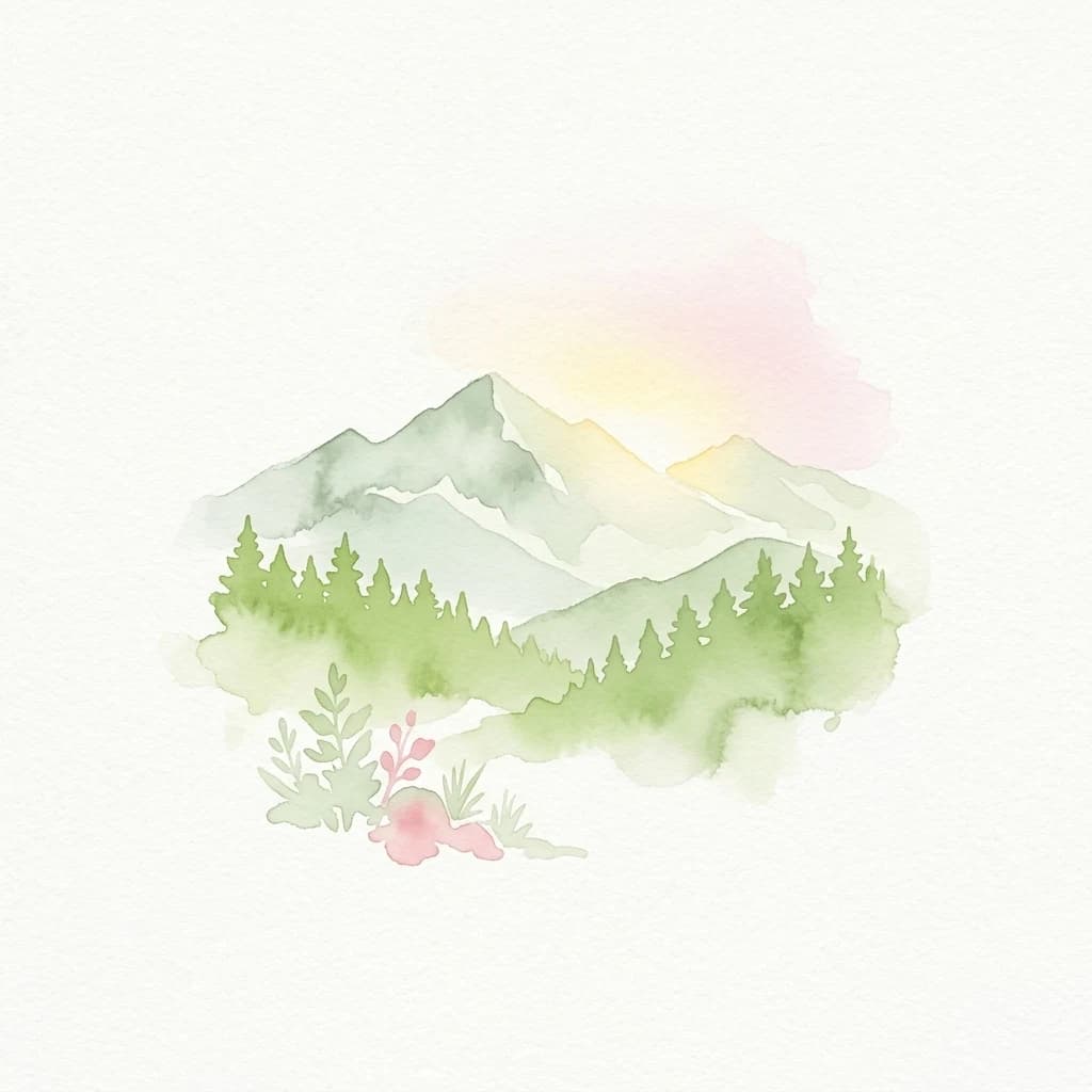 Watercolor painting of green mountains, evergreen forest, and pink-hued sky at sunset