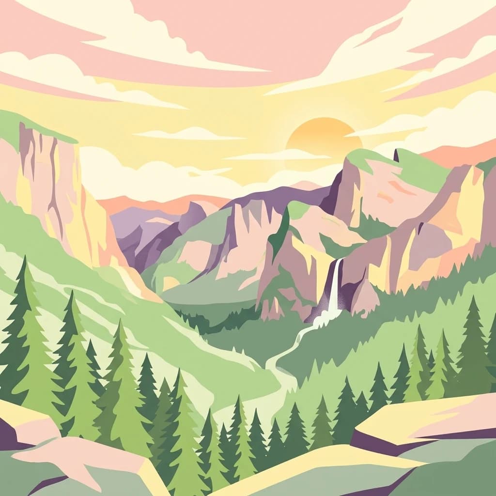 Stylized illustration of a mountainous landscape with a waterfall, forests, and a sunset sky