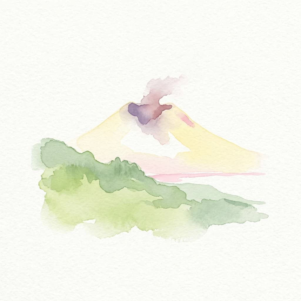 Watercolor painting of Mount Vesuvius showing volcanic activity with smoke and surrounding greenery