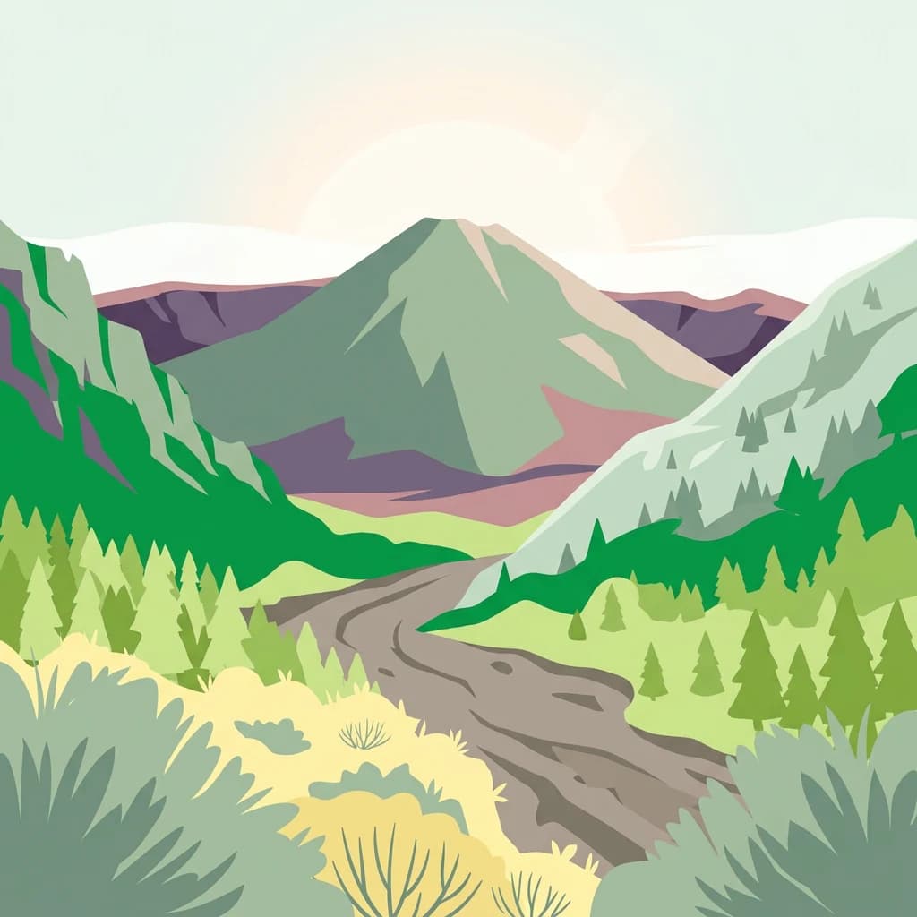 Stylized illustration of a mountainous landscape with a winding river, forests, and hills under a light sky