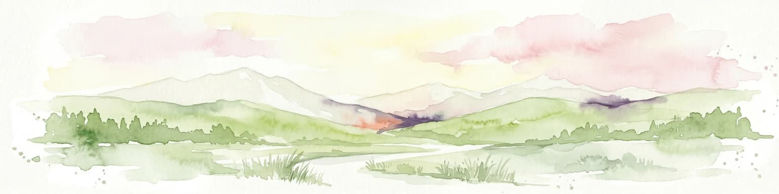 Watercolor illustration of a mountainous landscape with green hills, a valley with a river, and distant mountains under a pink and yellow sky
