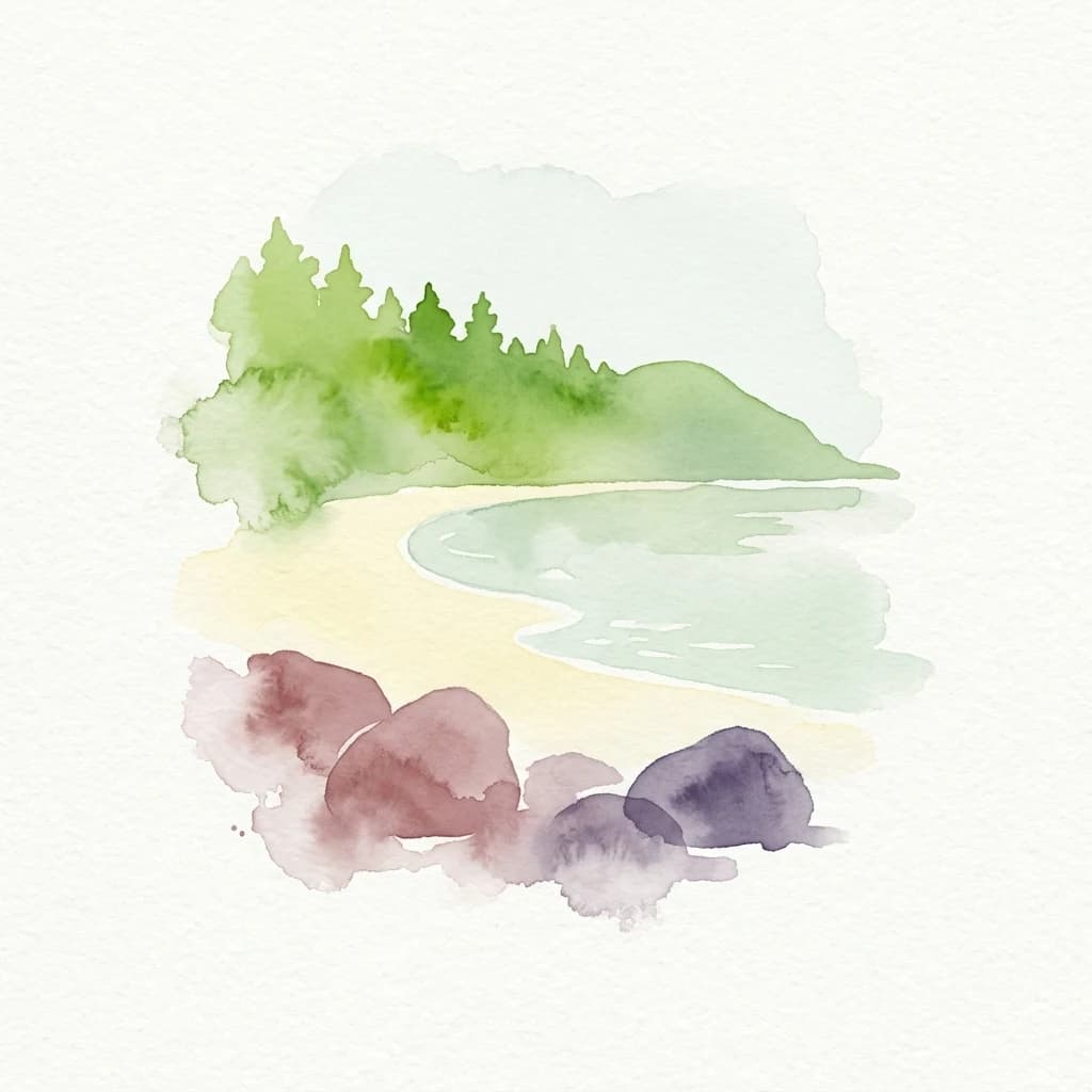 Watercolor painting of a beach with rocky shore, sandy coast, and green forested hills in the background