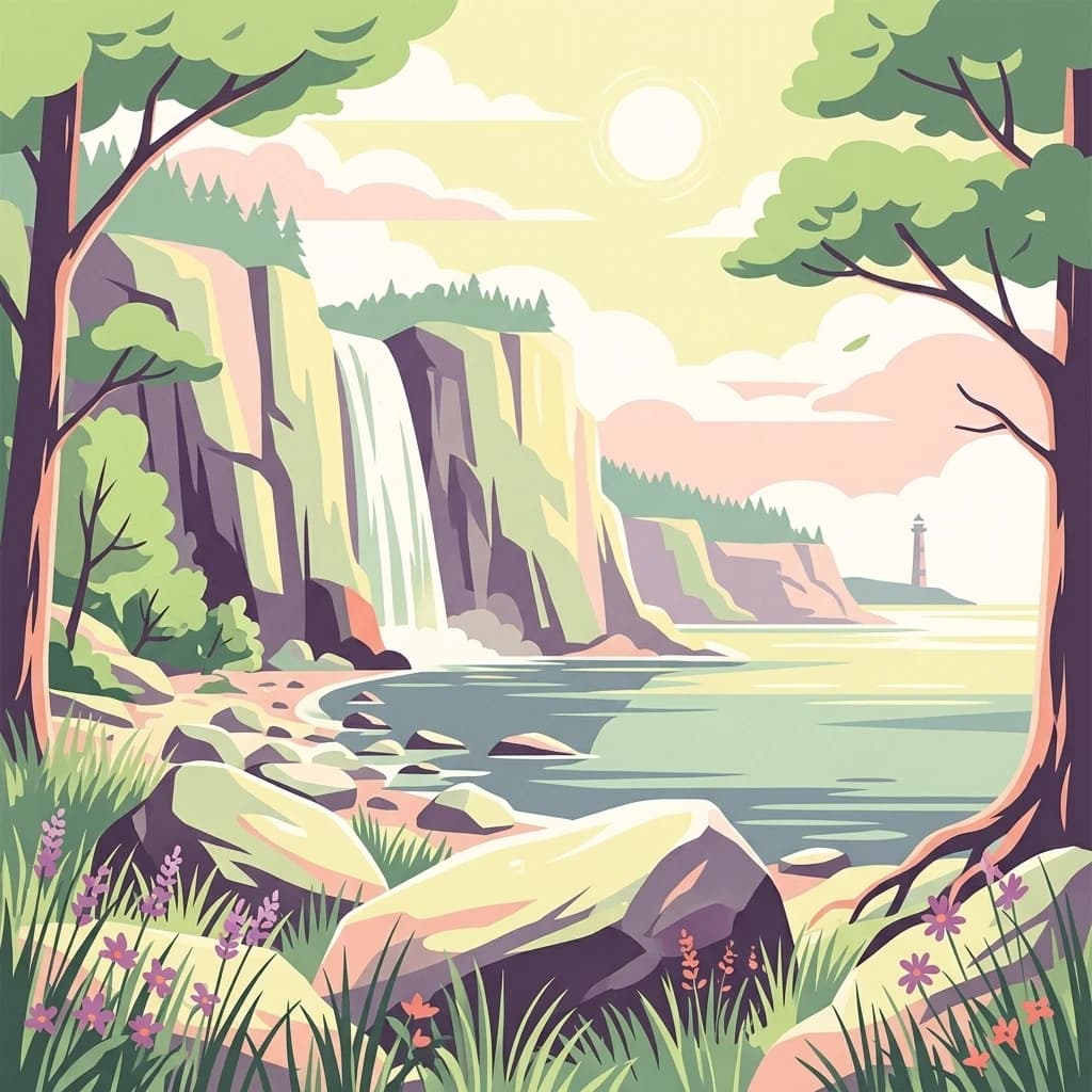 Stylized illustration of a waterfall cascading into water with cliffs, trees, and vegetation