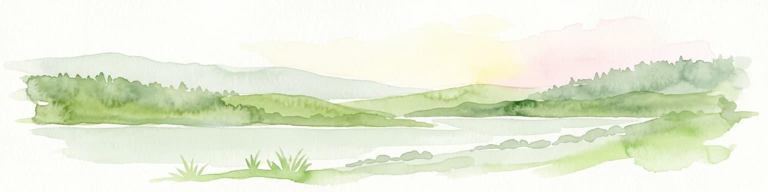 Watercolor painting showing a landscape with a body of water, rolling hills, and distant mountains under a soft sky