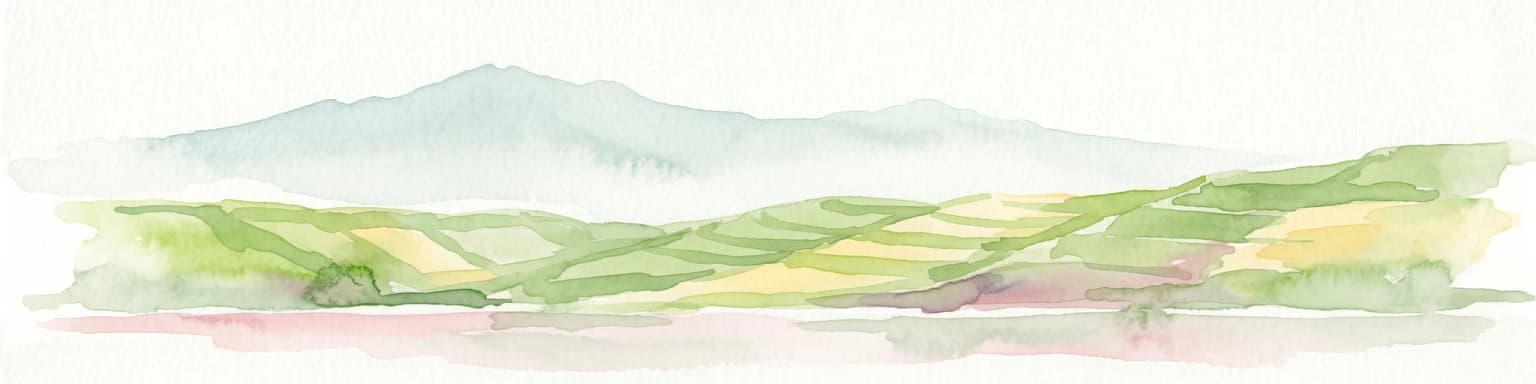 Watercolor illustration of rolling hills, mountains, and a river or lake