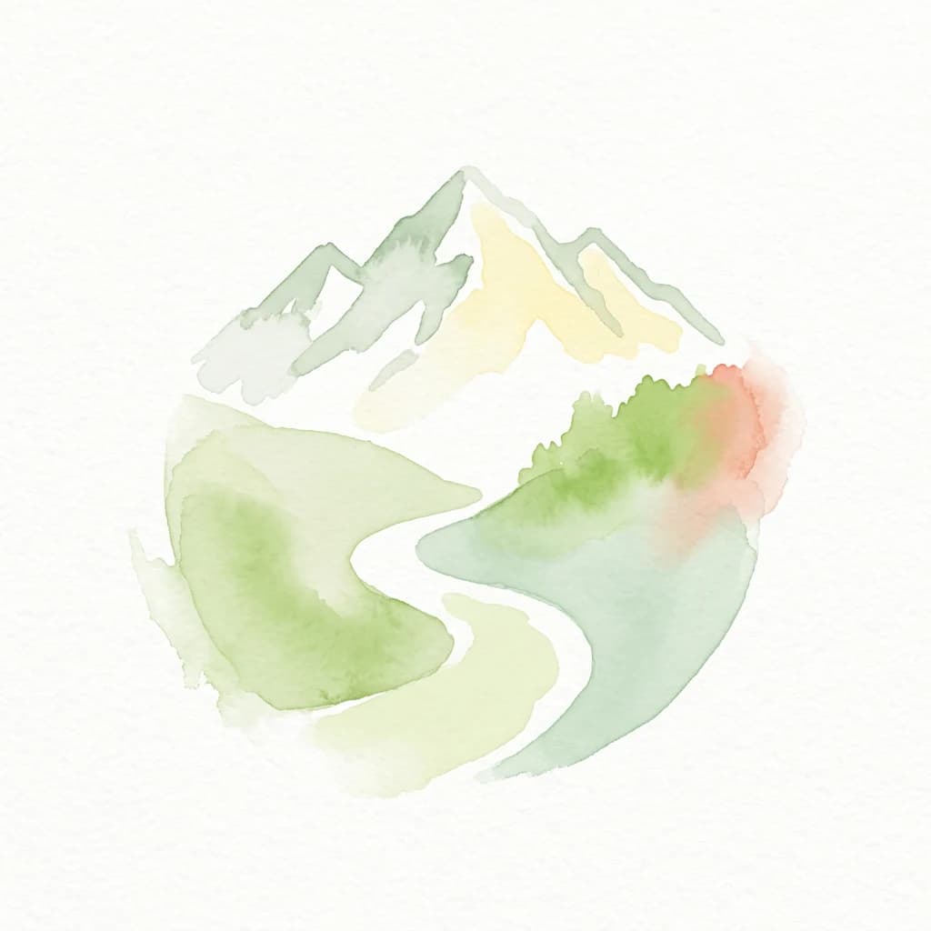 Watercolor illustration of a winding river flowing through mountainous landscape with green and red accents