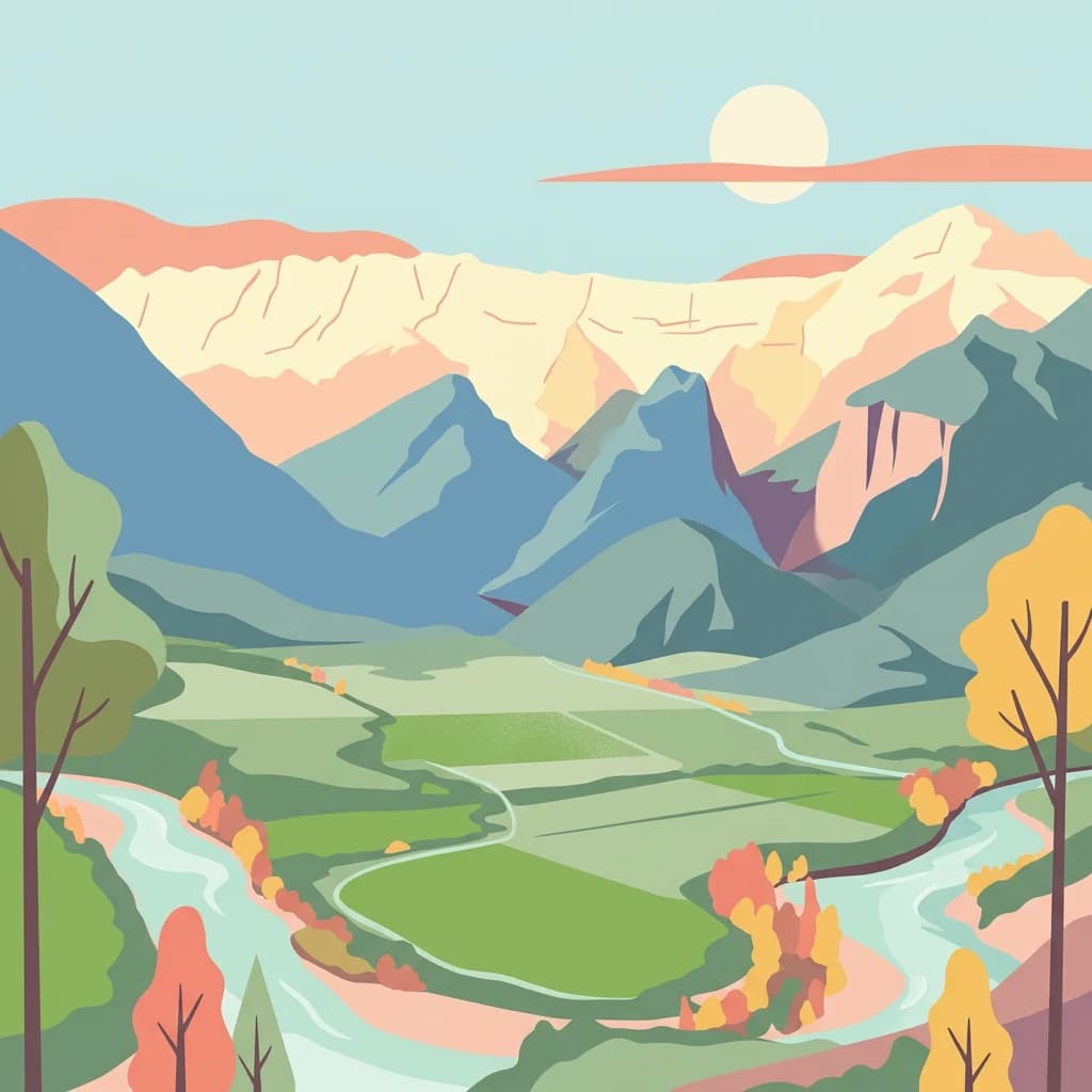 Stylized illustration of a river winding through a valley with mountains under a sunset sky